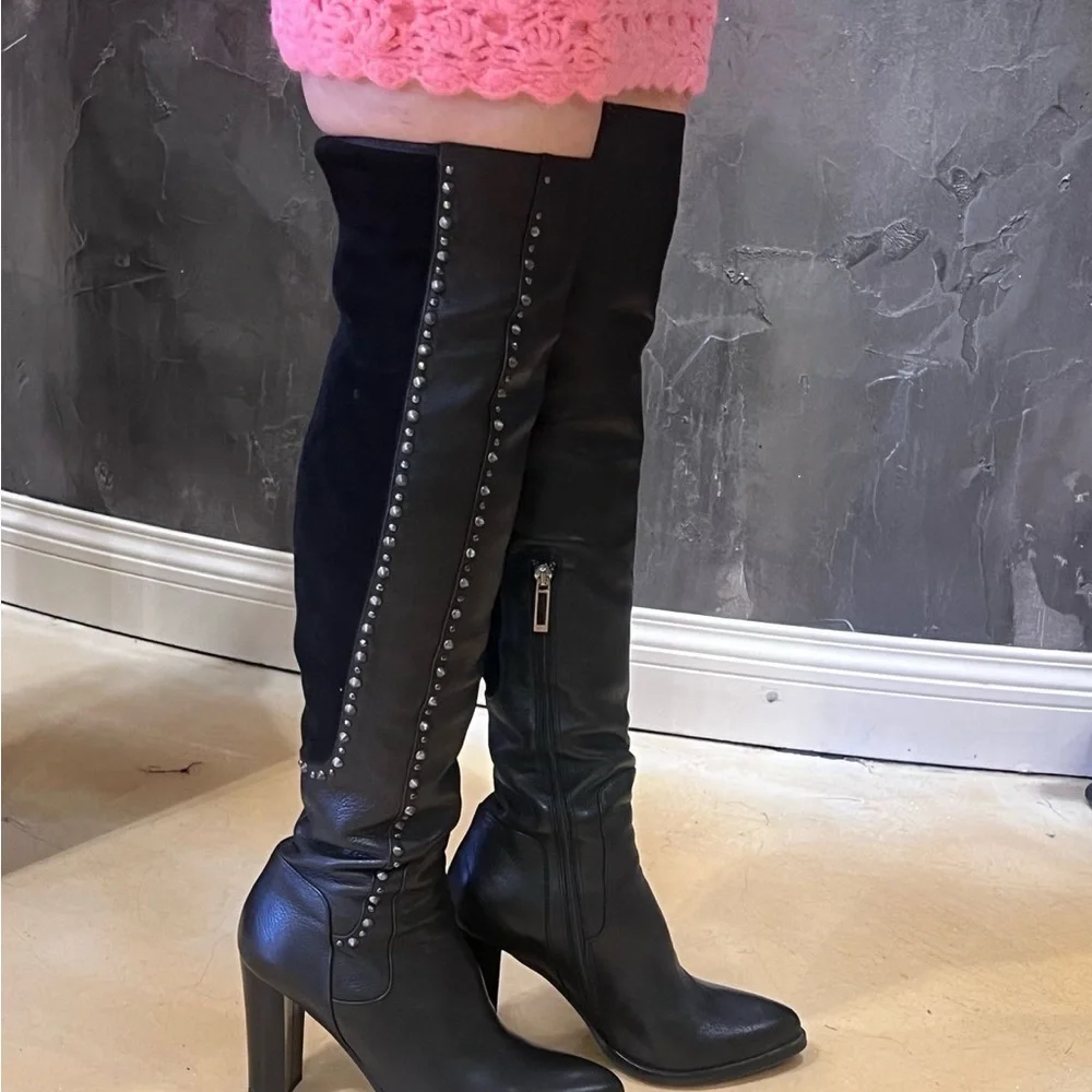 NWT MADE IN ITALY Black Over the Knee Boots leather High Heel and Fitted Shaft